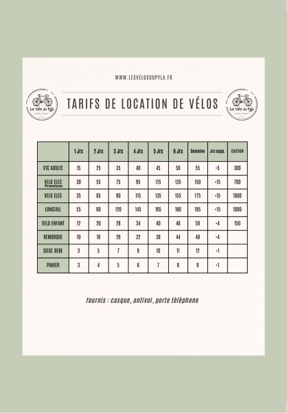 Tarif de location VTC les Vélos du Pyla